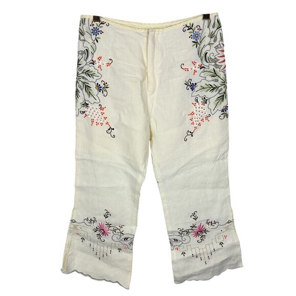 Vintage 1960s White Linen Floral Embroidered Cropped Capri Pants XS - Picture 1 of 6